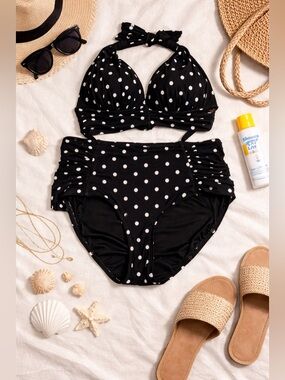 Turquoise Couture Black Polka Dot Bikini High Waisted Ruched Retro Swim Size S/M